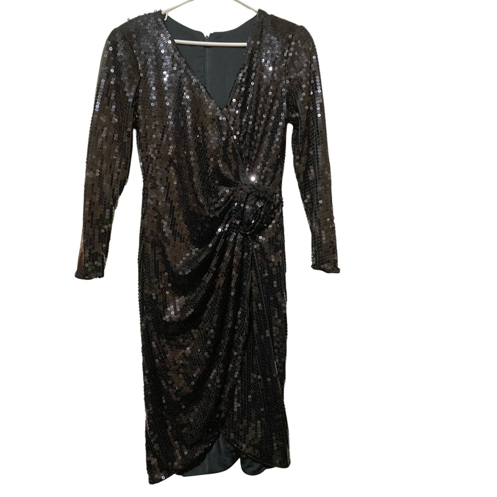 Tadashi Black Sequin Long Sleeve Wrap Cocktail Dress Size 12 Made in USA V-Neck